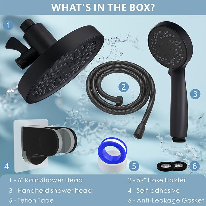 Rain Shower Head with Handheld, High Pressure Rainfall Showerhead and 3 Settings Hand held Spray Combo with Detachable Hose (Black)