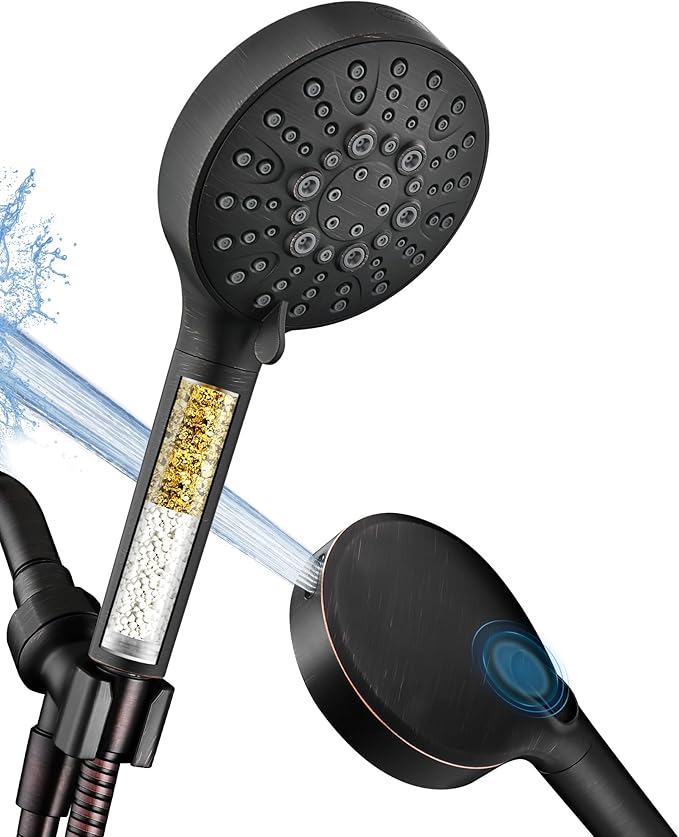 BRIGHT SHOWERS Filtered Shower Head with Handheld, High Pressure 9 Spray Mode Showerhead with Long Hose and Bracket, Water Softener Filters Beads for Hard Water - Removes Chlorine, Oil-Rubbed Bronze