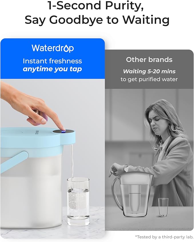 Waterdrop 0 TDS Zero TDS Water Rechargeable Water Filter Dispenser, 4-Stage Instant Electric Powerful Pitcher, Reduce Chlorine, Lead, 15-Cup Countertop Water Filtration System with 1 Filter, Blue