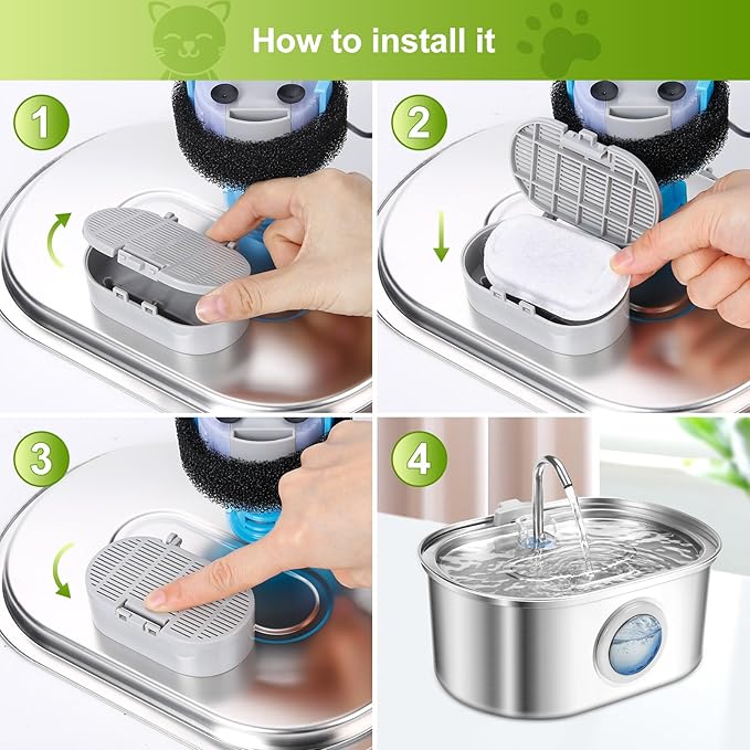 12 Pack Cat Water Fountain Filters, Replacement Filters & Pre-Filter Sponges for 3.2L/108Oz & 67oz/2L Stainless Steel Pet Fountain