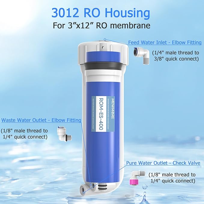 400 GPD RO Membrane Filter with Housing, Replacement Reverse Osmosis Membrane Fit Home Under Sink RO Drinking Water Filter Purifier Filtration System with Wrench, 1/4" Fitting, Check Valve