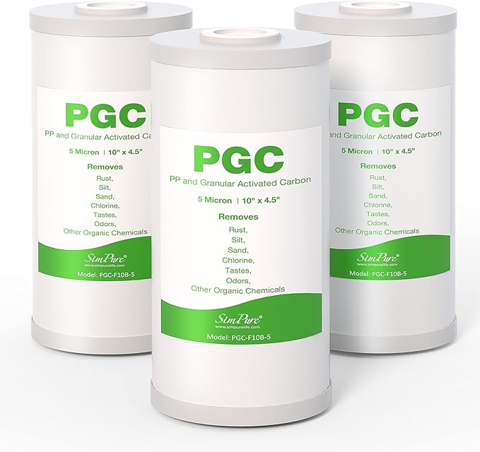 5 Micron 10" x 4.5" Sediment and Carbon Whole House Water Filters SimPure Replacement Cartridge for GE FXHTC, GXWH40L, RFC-BB / 155141-43, FC15B, HB18B, WRC25HD, WDGD-5005, W10-PR, W15-PR, 3-Pack