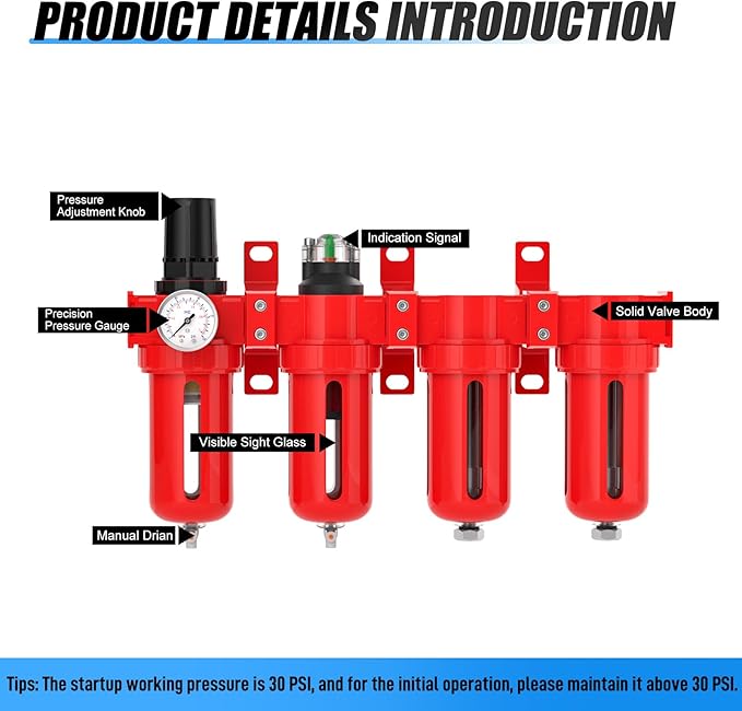 1/4" NPT Industrial Grade 4 Stage Aluminum Air Drying System, Coalescing Filter, Particulate Filter, Double Desiccant Dryer and Air Regulator,Manual Drain For Plasma Cutter and Paint Spray