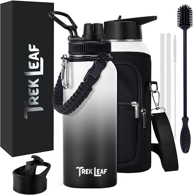 Travel Water Bottle with 3 Lids (Spout, Straw, Flip) Leak Proof, Quality, Vacuum Insulated, Stainless Steel (Day & Night, 32 oz)