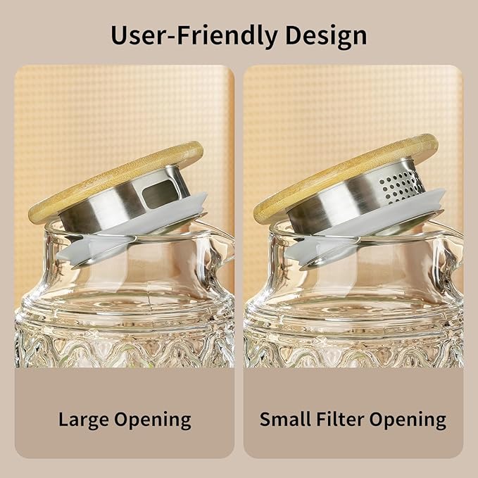 2 PACK Glass Pitcher with Bamboo Lid, 68 oz/2L Vintage Water Pitcher, Clear Borosilicate Glass Water Carafe for Cold Brew, Coffee, Lemonade, Iced Sun Tea,Beverage, Heat Resistant Water Glass Jug