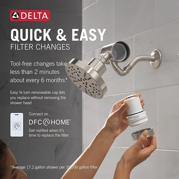 Delta Faucet Clarifi Premium Shower Filter Attachment with Filter, Hard Water Shower Filter, Shower Head Filter, Stainless 5SF100-SS