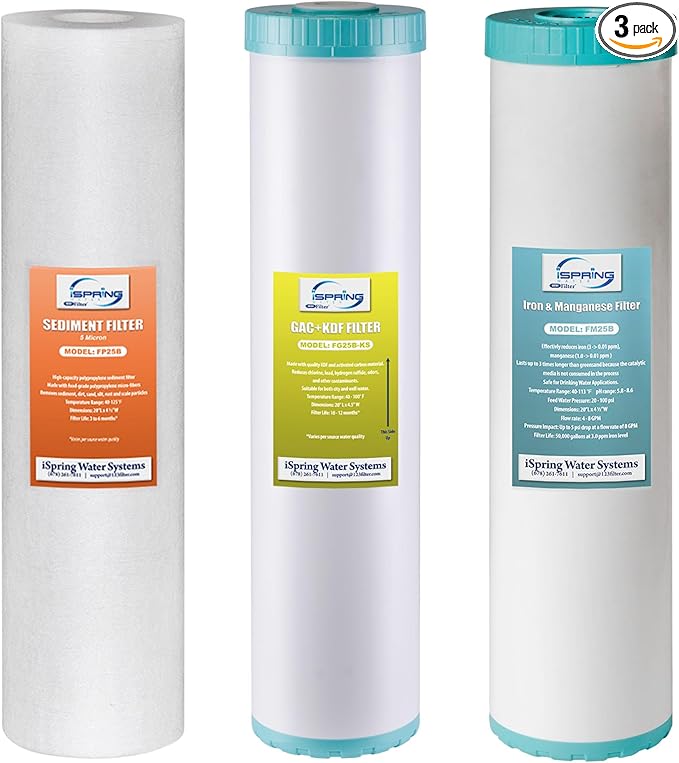 iSpring F3WGB32BMKS 4.5” x 20” 3-Stage Whole House Water Filter Replacement Pack, Reduces Sediments, Chlorine, Hydrogen Sulfide, Chloramine, PFAS, Heavy Metals, Iron, Manganese, Fits WGB32B-MKS