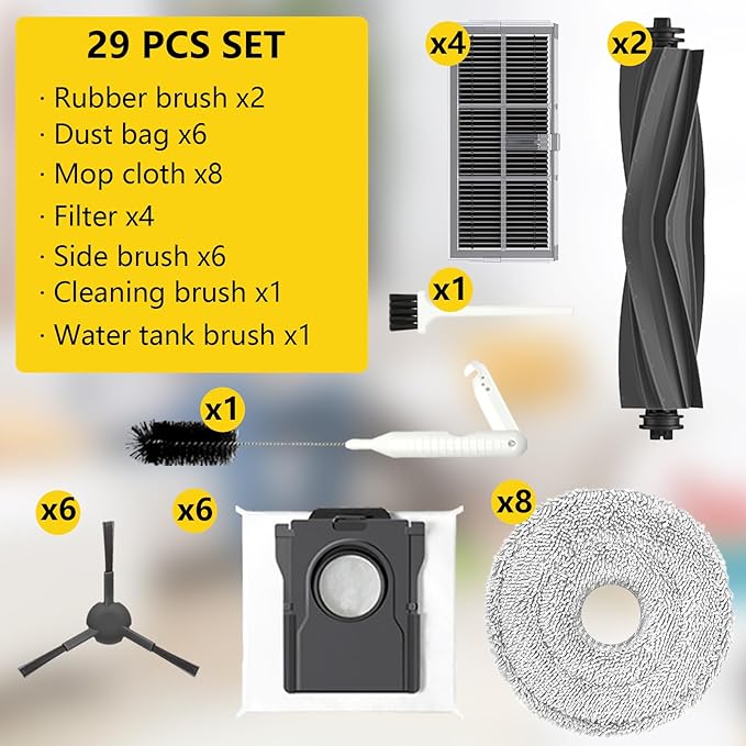 Yivy 28 Pcs Replacement Parts for Dreame X30 Ultra/Mova E30 Ultra/L10s Pro Ultra Heat/l10s ultra gen 2,Accessories: 2*Main Brush, 6*Side Brushes, 4*Filter, 8*Mop, 6*Dust Bags, 1*Water Tank Brush