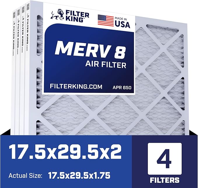 Filter King 17.5x29.5x2 Air Filter | 4-PACK | MERV 8 HVAC Pleated A/C Furnace Filters | MADE IN USA | Actual Size: 17.5 x 29.5 x 1.75"