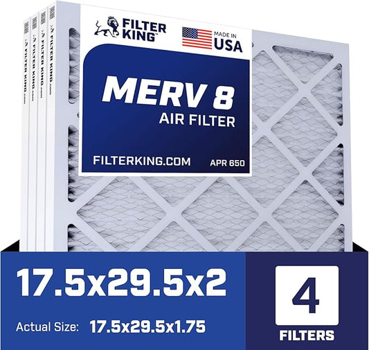 Filter King 17.5x29.5x2 Air Filter | 4-PACK | MERV 8 HVAC Pleated A/C Furnace Filters | MADE IN USA | Actual Size: 17.5 x 29.5 x 1.75"