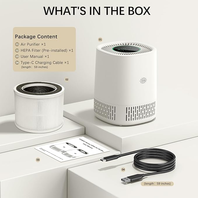 Chuboor Air Purifiers for Home Bedroom, H13 True HEPA Filter Air Cleaner for Pets Office desktop Living Dorm Room Smoke Kitchen, Auto Mode, Sleep Mode, PJ01A, White