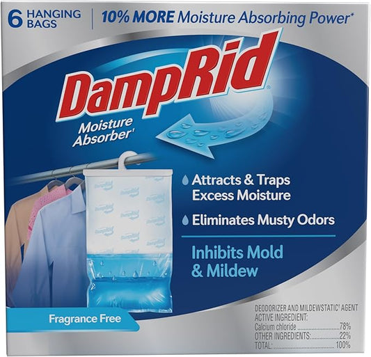 DampRid Fragrance Free Hanging Moisture Absorber, 15.4 oz., 6 Pack - Eliminates Musty Odors for Fresher Air, Ideal Moisture Absorbers for Closet, 10% More Moisture Absorbing Power*