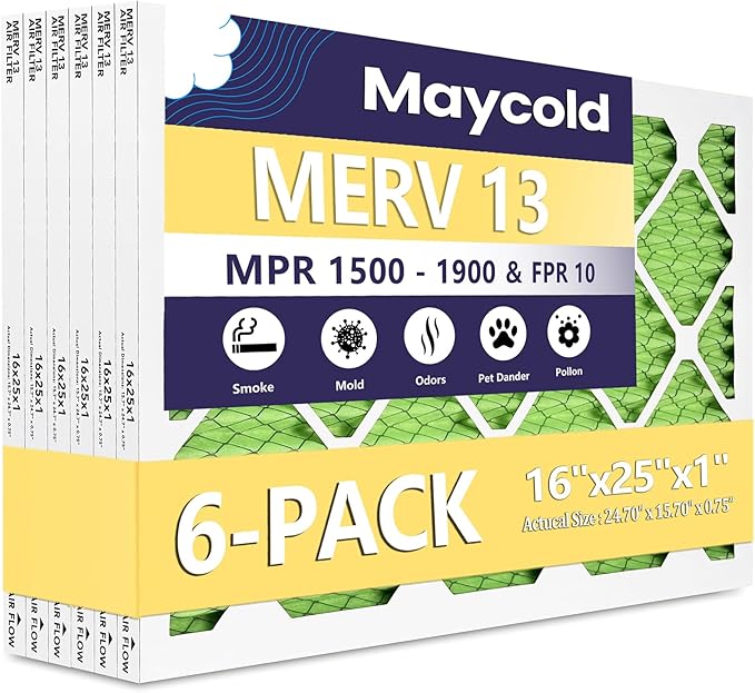 Maycold MERV 13 16x25x1 Air Filter (6-Pack), High-Efficiency Pleated AC & Furnace Filters, Actual Size: 15.70" x 24.70" x 0.75", Individually Wrapped in Plastic