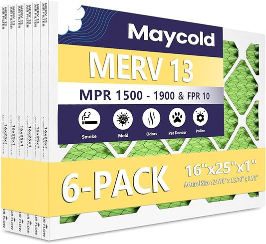 Maycold MERV 13 16x25x1 Air Filter (6-Pack), High-Efficiency Pleated AC & Furnace Filters, Actual Size: 15.70" x 24.70" x 0.75", Individually Wrapped in Plastic