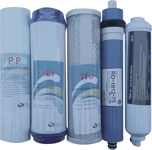 Complete 5-Stage Reverse Osmosis Replacement Filter - Kit with 75 GPD RO Membrane - Easy Installation, Long-Lasting Performance - Fully Compatible with Standard RO Systems