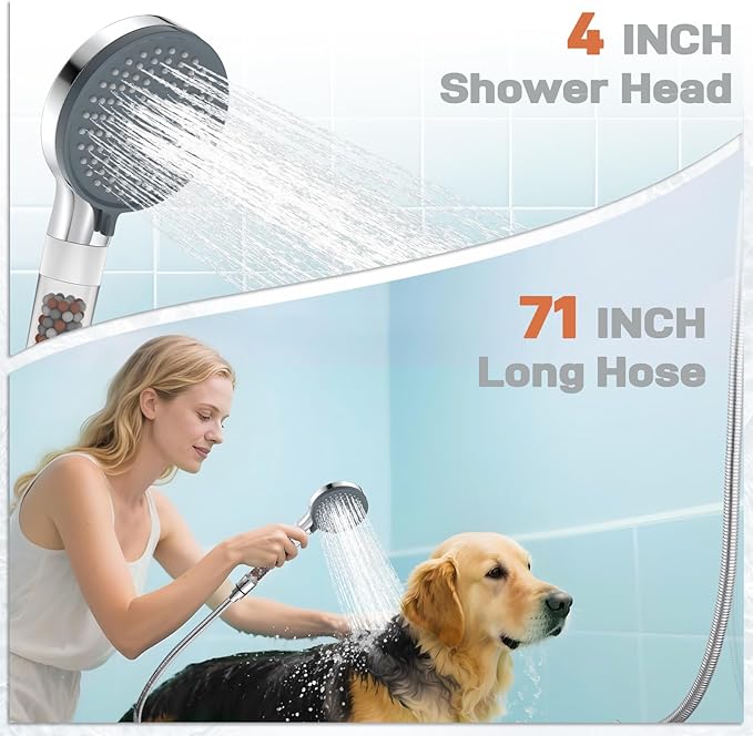 YDmeet Filtered Handheld Shower Head with Long Metal Hose Set, 3-Mode Spray Setting, Extra 6 Packs Replacement Mineral Balls for Refills, Chrome