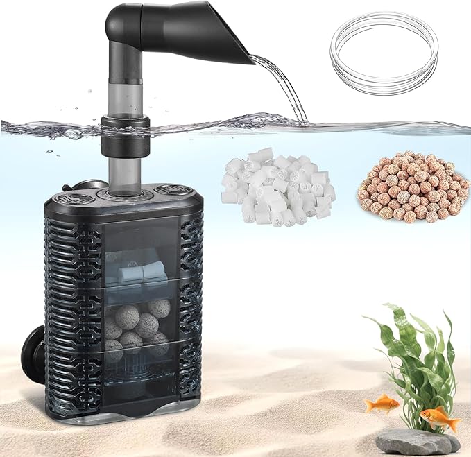 Carefree Fish Aquarium Small Sponge Filter Air-Operated Quiet for 3~10Gal Fish Tank for Saltwater and Freshwater with 3Ft Tubing Biochemical Filtration Balls and Fluidized Beds(Not Include Air Pump)