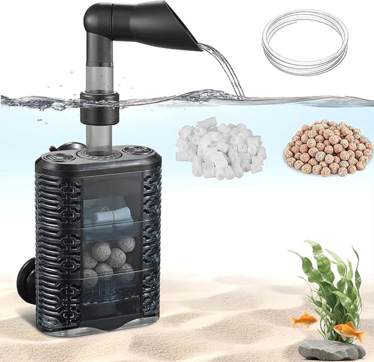 Carefree Fish Aquarium Small Sponge Filter Air-Operated Quiet for 3~10Gal Fish Tank for Saltwater and Freshwater with 3Ft Tubing Biochemical Filtration Balls and Fluidized Beds(Not Include Air Pump)