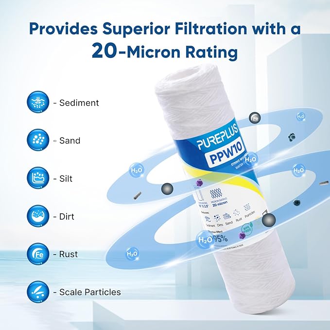 PUREPLUS 20 Micron 10"x2.5" Whole House String Wound Sediment Filter for Well Water, Replacement Cartridge for Universal 10 inch RO System, WP-5, Aqua-Pure AP110, CFS110, Culligan P5,WFPFC4002, 6Pack