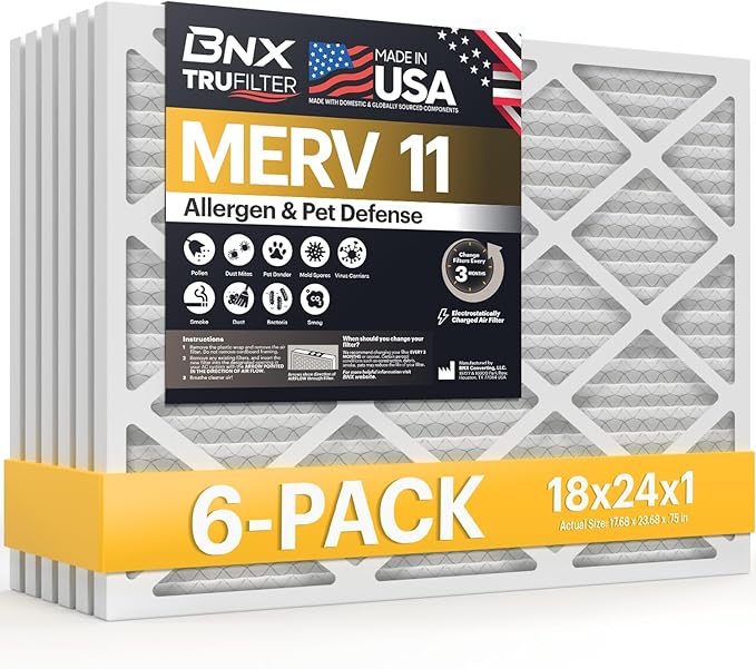 BNX TruFilter 18x24x1 Air Filter MERV 11 (6-Pack) - MADE IN USA - Allergen Defense Electrostatic Pleated Air Conditioner HVAC AC Furnace Filters for Allergies, Dust, Pet, Smoke, Allergy MPR 1200 FPR 7