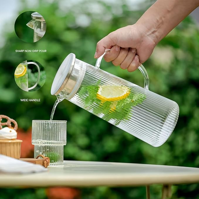 Glass Pitcher with Lid, 40 oz/1.2 Liter Glass Water Pitcher, Ice Tea Brewing, Hand Blown Small Pitchers for Drinks, Coffee, Juice, Lemonade, and Hot/Cold Beverages, Heat Resistant