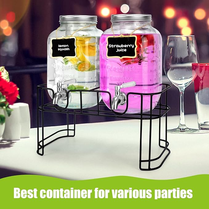 1 Gallon Glass Drink Dispensers For Parties 2PACK.Beverage Dispenser，Drink Dispenser With Stand And Stainless Steel Spigot 100% Leakproof.Glass Drink Dispenser With Ice Cylinder. Lemonade