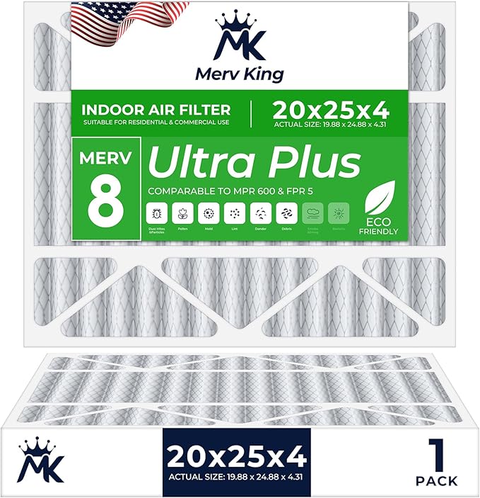 MervKing 20x25x4 Air Filter Actual Size: 19.88" x 24.88" x 4.31" MERV 8 MPR 600-700 | MADE IN USA | 1-Pack | Pleated HVAC AC Furnace Replacement