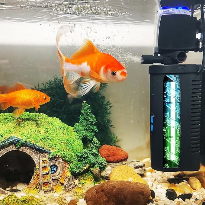 Aquarium Filter for 10-45 Gallon Tank, U-V Fish Tank Green Clean Machine Submersible Powerful Pump Canister Filter 158GPH for Pond Turtle Tank Saltwater Freshwater Crystal Clear Green Killing