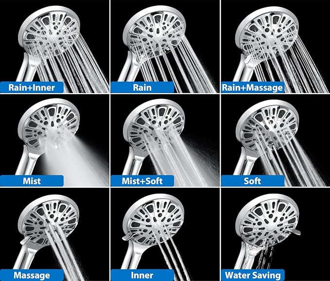 2-in-1 Shower Head with Handheld Combo: 2.5GPM Rainfall Shower Head & Handheld Shower Head Use Together or Alone, 9 Spray Settings Hand Held Shower Head with Hose, Shower Trim Systems