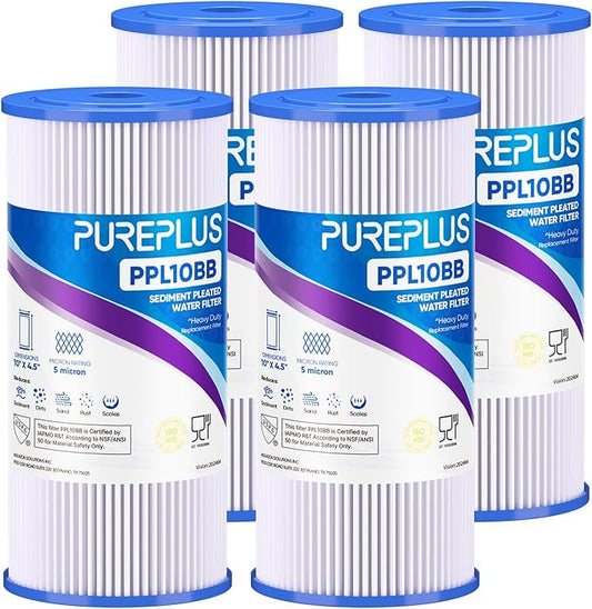 PUREPLUS 5 Micron 10" x 4.5" Whole House Pleated Sediment Filter for Well Water, Replacement Cartridge for GE FXHSC, Culligan R50-BBSA, Pentek R50-BB, DuPont WFHDC3001, W50PEHD, GXWH40L, 4Pack