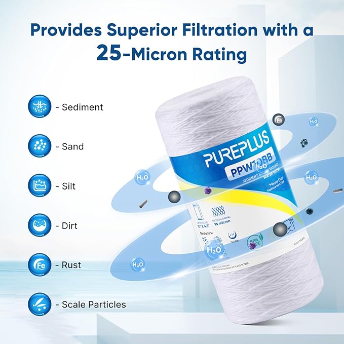 PUREPLUS 25 Micron 10 x 4.5 Whole House String Wound Sediment Filter for Well Water, Replacement Cartridge for 84637, WPX5BB97P, PC10, CW5-BBS, 355215-45, WP10BB97P, WP5BB97P, 2Pack