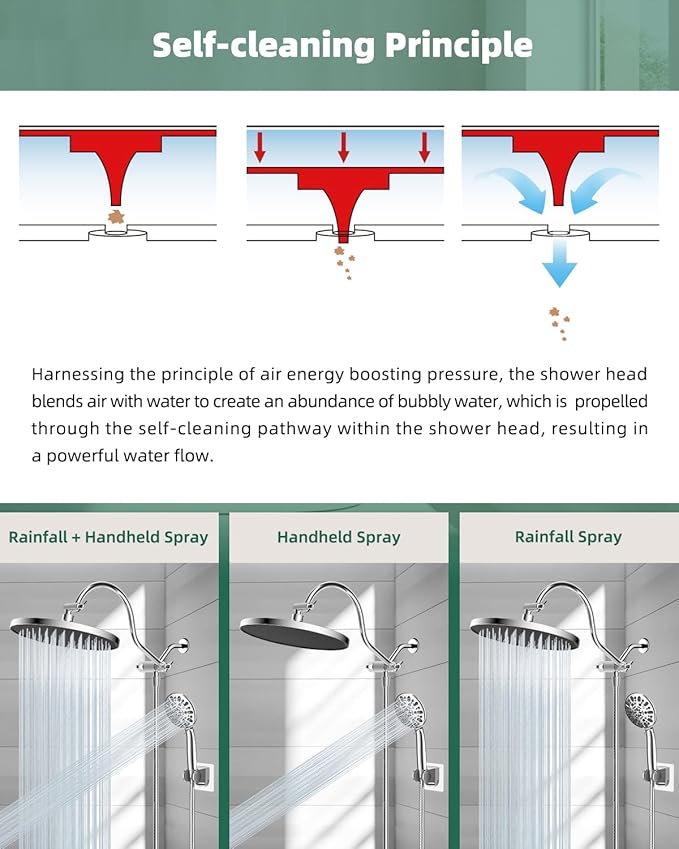 Hibbent 10'' Self-cleaning Rainfall Shower Head, High Pressure Handheld Shower Head, Showerhead Combo with 12'' Adjustable Curved Shower Extension Arm, 7-Spray, 71'' Hose, Showerhead Holder, Chrome