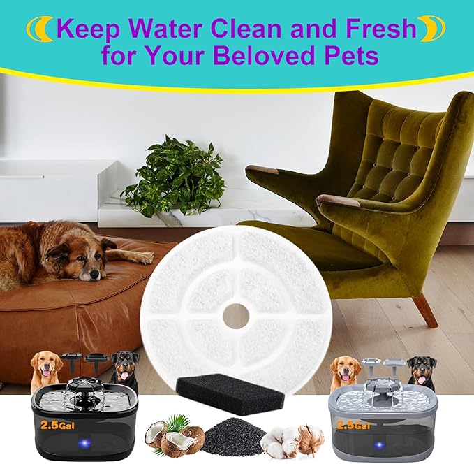 12 Pack Dog Water Filter Replacement for 2.5Gal/9.5L Dog Water Fountain,18CM Larger More Activated Carbon Cat Water Fountain Filter,Pet Fountain Filter Replacement