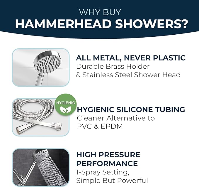 HammerHead Showers® Solid Metal LOW FLOW Handheld Shower Head with Hose and Brass Holder - CHROME – Water Saving 1.75 GPM Detachable Shower Head - Adjustable Shower Wand Bracket & 6ft Hose