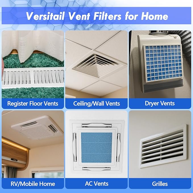 Air Vent Filter Kit - 16" x 90" Cut to Fit Air Filter Materials MERV 8 Electrostatic Media Roll for Home Floor, Ceiling, AC, HVAC, RVC Furnace Vents, With 48PCs Adhesive Hook Tape