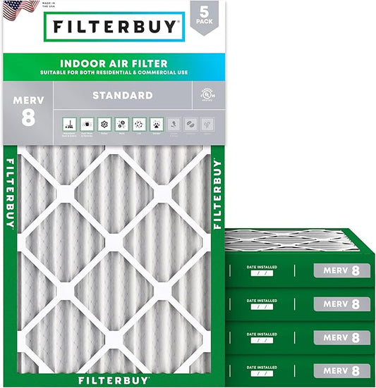 Filterbuy 16x30x2 Air Filter MERV 8 (MPR 700) Dust Defense Replacement (5-Pack), Electrostatic Pleated HVAC AC Furnace Filters, Made in USA (Actual Size: 15.69 x 29.69 x 1.75)