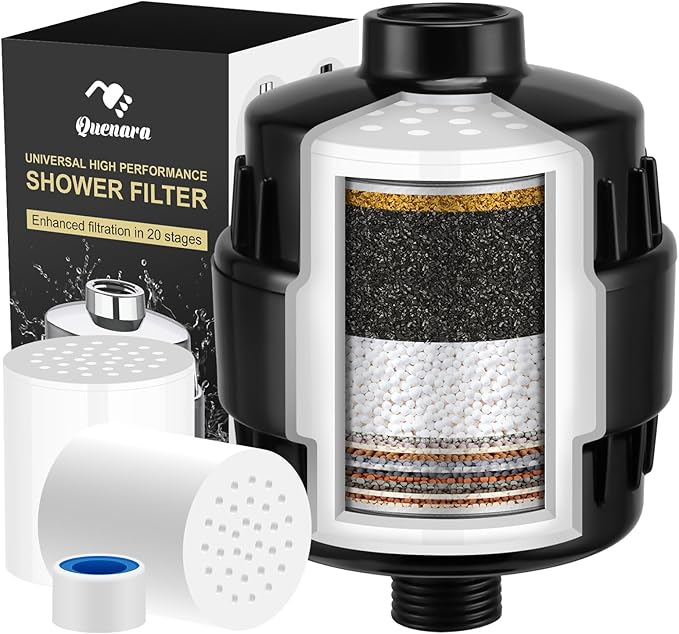 20-Stage Shower Filter, High Output Shower Head Filter for Hard Water with 2 Cartridges, Water Softener Reduces Dry Skin, Dandruff, Eczema and Improves Skin, Hair and Nails, Black
