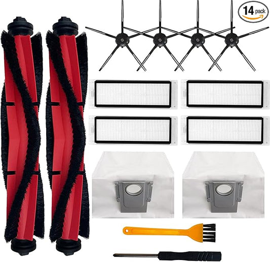 Replacement Accessories Kit Compatible With Roborock Q5 Q5+ Q5 Plus Robot Vacuum Cleaner,1 Main Brush,4 Side Brushes,4 Hepa Filters,2 Dust Bags (14 PCS)