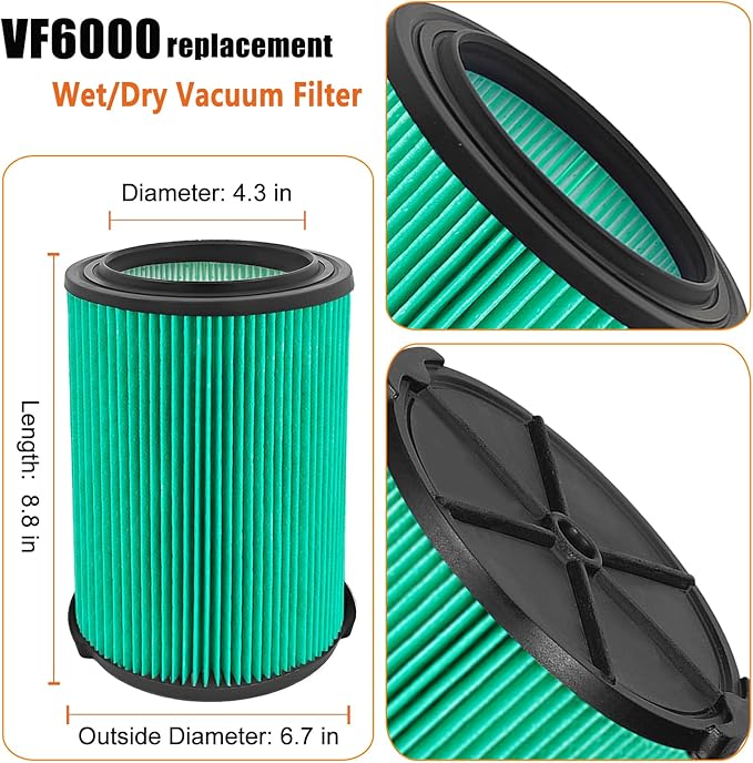 VF6000 Replacement Filter for Ridgid Shop Vacuums 5-20 Gallon, Universal VF6000 Filter Fits Rigid Wet Dry Vac/Husky Shop Vacuum Filter 6-9 Gallon with Foam Sleeves- 1 Pack