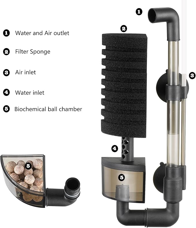 Carefree Fish Aquarium Filter Sponge Fish Tank Quiet Bubble Filter with 3 Sponges and 1 Bag of Filtered Ceramic Balls for Salt Water and Fresh Water(not Included Air Pump)