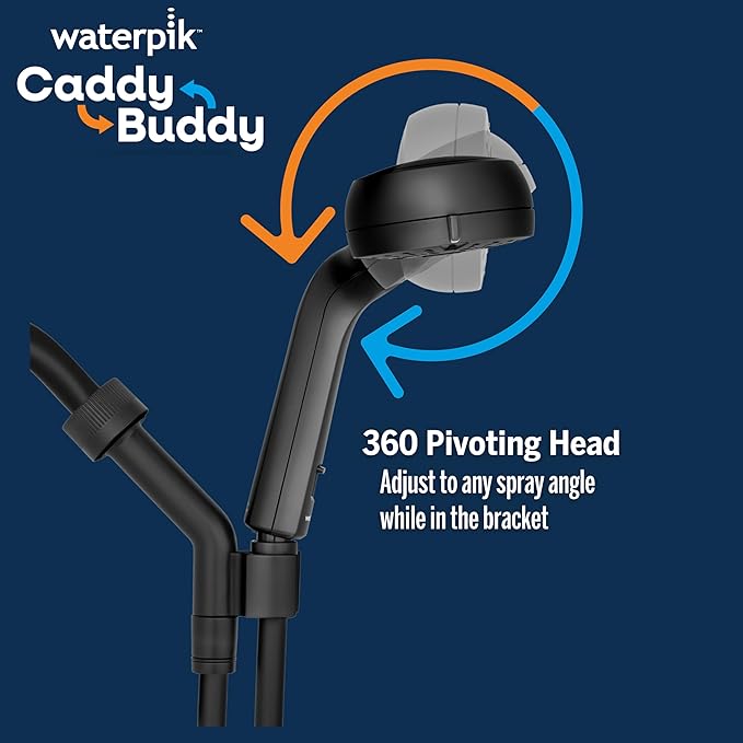 Waterpik Caddy Buddy Pivoting Hand Held Shower Head With 5-Foot Hose, 5-Mode with High Pressure Sprays, Matte Black, PHO-555E