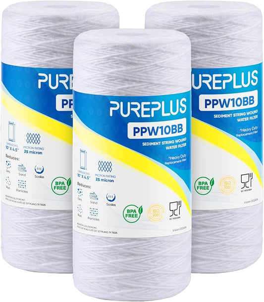 PUREPLUS 25 Micron 10 x 4.5 Whole House String Wound Sediment Filter for Well Water, Replacement Cartridge for 84637, WPX5BB97P, PC10, CW5-BBS, 355215-45, WP10BB97P, WP5BB97P, 3Pack
