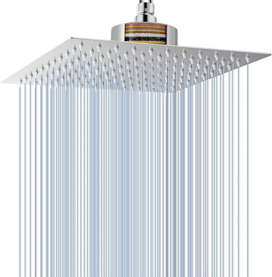 Voolan Rain Shower Head with Filtered - High Flow Large Rainfall Shower Heads Made of Stainless Steel - Waterfall Showerhead Filter For Hard Water (10" Chrome)