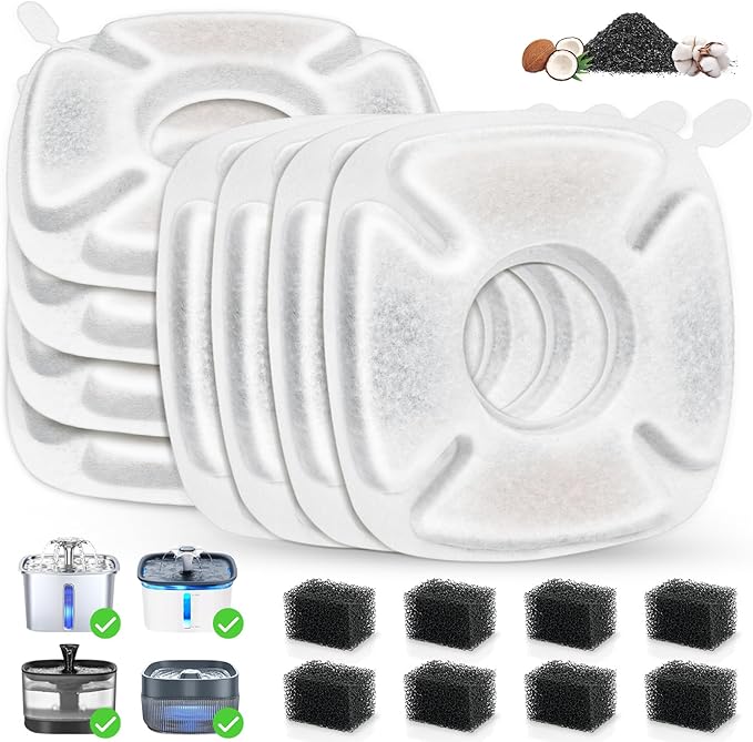 16 Pack Cat Water Fountain Replacement Filters, 8 Pcs Cats Fountain Filters & 8 Pcs Pre-Filter Sponges for 95oz/2.8L 135oz/4L 67oz/2L Automatic Pet Dog Fountain Water Dispenser Filter