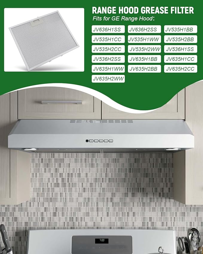 2 Pcs WB02X11011 Range Hood Grease Filter Replacement Fit for GE JV636H1SS JV636H2SS JV536H1SS JV536H2SS JV535H1WW JV635H1BB JV635H2CC Size 14-1/2 x 11-5/8 Inches