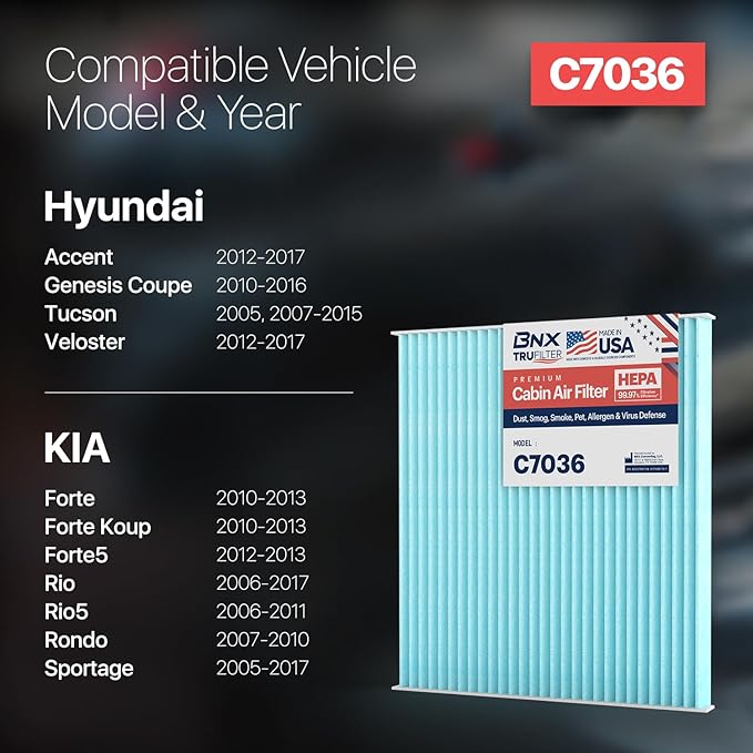 BNX TruFilter C7036 Cabin Air Filter, HEPA 99.97%, Compatible With Hyundai Accent, Genesis Coupe, Tucson, Veloster, Kia Forte, Forte Koup, Forte5, Rio, Rio5, Rondo, Sportage