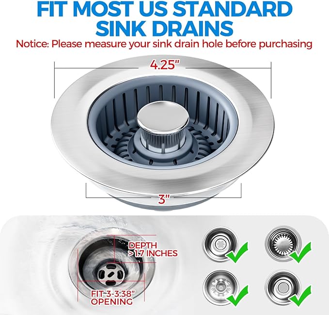 Kitchen Sink Drain Strainer - 2Pack Sink Stopper, Drain Protector, Kitchen Drain Plug & Sink Installation Parts with Anti-Clogging Basket, Fit US Standard 3-1/2'' Sink Drain Hole, Silver