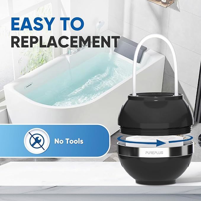 PUREPLUS Bathtub Bath Water Filter for Tub, 8 Stages Kinder Filter for Bathtub, 2500 Gallons Filtration, Removes Contaminants for Softer Skin and Hair, Reduces Chlorine & Heavy Metals, BPA Free, Black