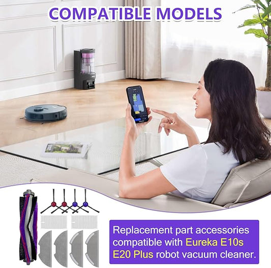 Replacement Parts Kit for Eureka E10s/E20 Plus Robot Vacuum Cleaner,1 Main Roller Brushes, 4 Side Brushes, 2 HEPA Filters, 4 Mop Pads-11Pack