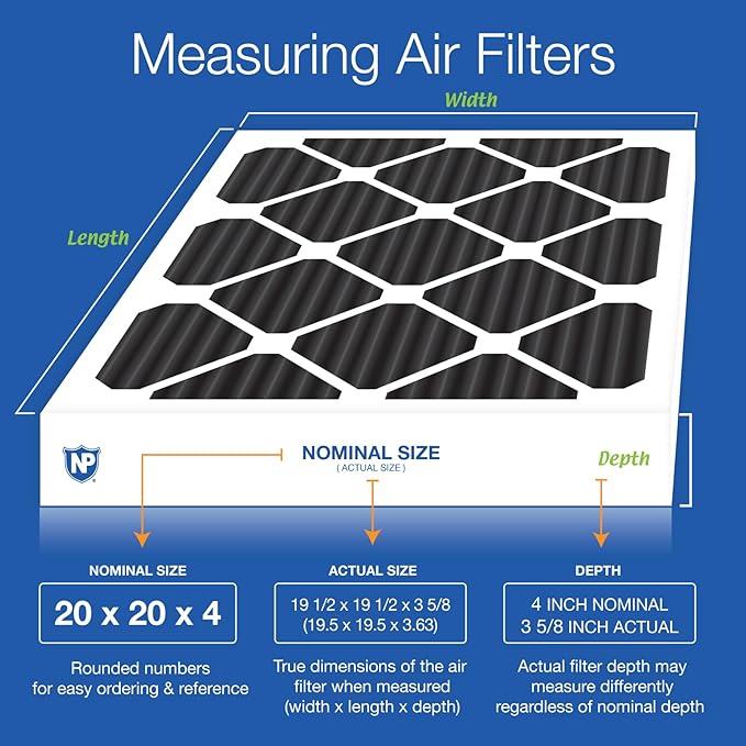 Nordic Pure 20x20x4 (Actual Size: 19 1/2 x 19 1/2 x 3 5/8) Pure Carbon Pleated Odor Reduction Merv 8 Furnace Filters 6 Pack